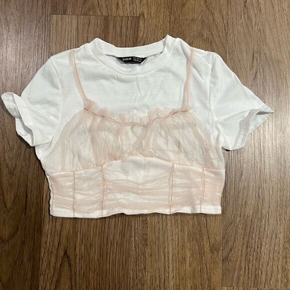 SheIn Frill Trim Ruched Mesh Overlay Crop Tee - Picture 1 of 3